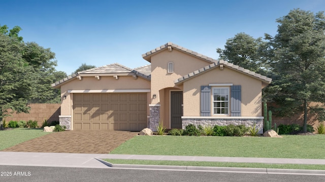 23073 E Saddle Way, Queen Creek, AZ 85142 - mediterranean / spanish home with stone siding, a garage, driveway, stucco siding, and a tiled roof