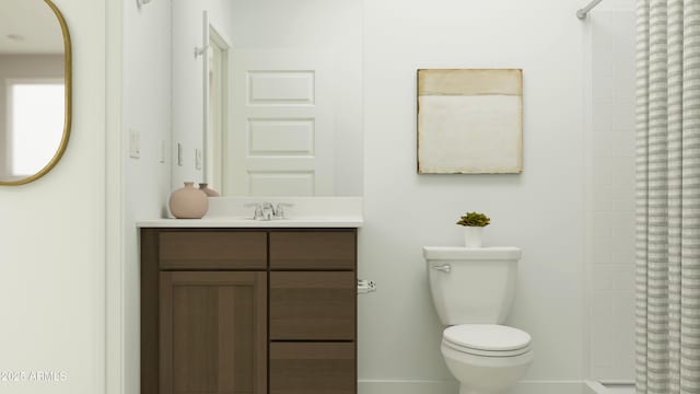 23073 E Saddle Way, Queen Creek, AZ 85142 - bathroom featuring vanity, tiled shower, toilet, and baseboards