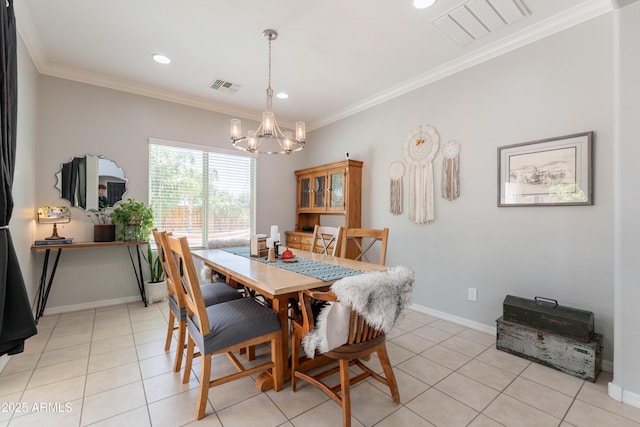 dining area with a chandelier, ornamental molding, light tile patterned floors, recessed lighting, and baseboards