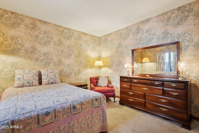 bedroom featuring light carpet, wallpapered walls, and baseboards