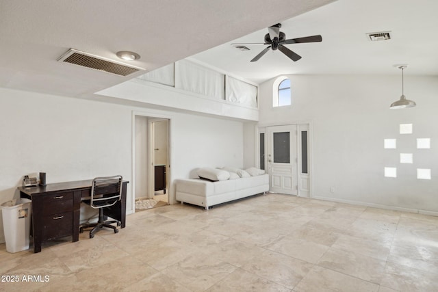 living area featuring ceiling fan, an office area, high vaulted ceiling, and light tile patterned flooring