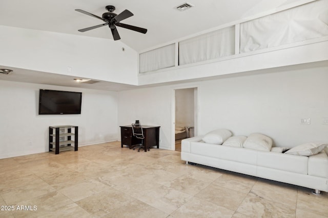 living room with high vaulted ceiling and ceiling fan