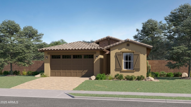 mediterranean / spanish-style home featuring a tile roof, a garage, stucco siding, and fence