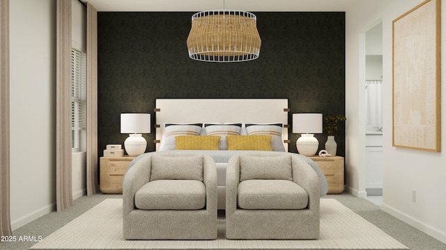 bedroom with carpet flooring, baseboards, and an accent wall