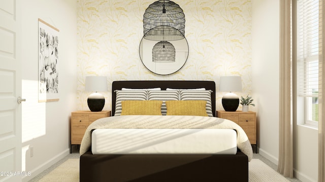 bedroom featuring baseboards, carpet flooring, and wallpapered walls