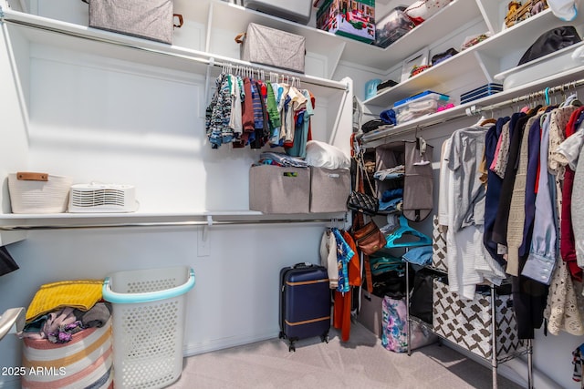 spacious closet featuring light colored carpet