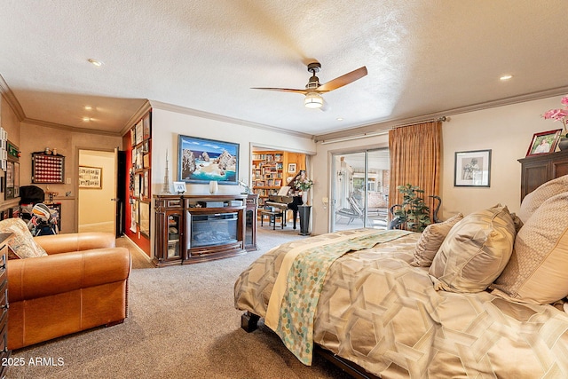 carpeted bedroom with ceiling fan, ornamental molding, access to exterior, and a textured ceiling