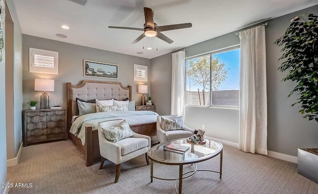 carpeted bedroom featuring ceiling fan