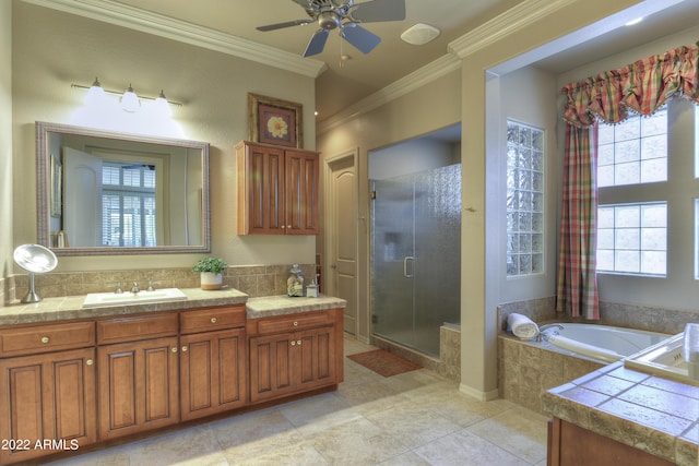 bathroom featuring ceiling fan, vanity, independent shower and bath, and ornamental molding