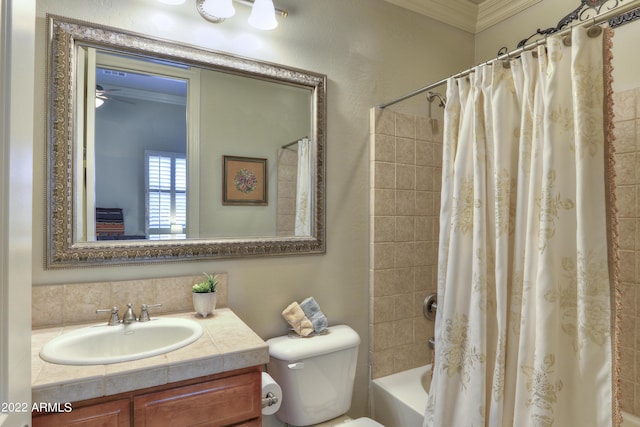 full bathroom with ceiling fan, shower / bath combo, crown molding, toilet, and vanity