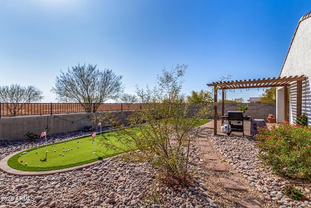 view of yard with a pergola and a patio