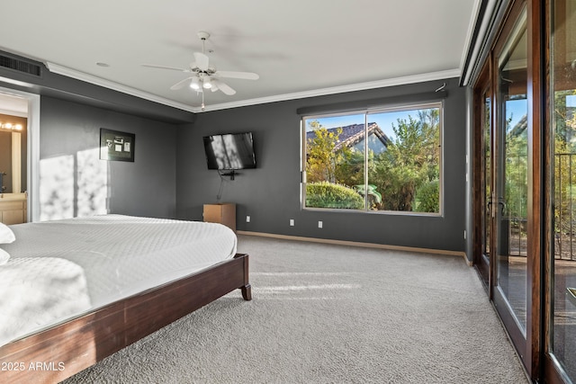 carpeted bedroom featuring access to outside, connected bathroom, ceiling fan, and crown molding