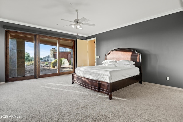 bedroom featuring carpet floors, access to outside, ceiling fan, and ornamental molding