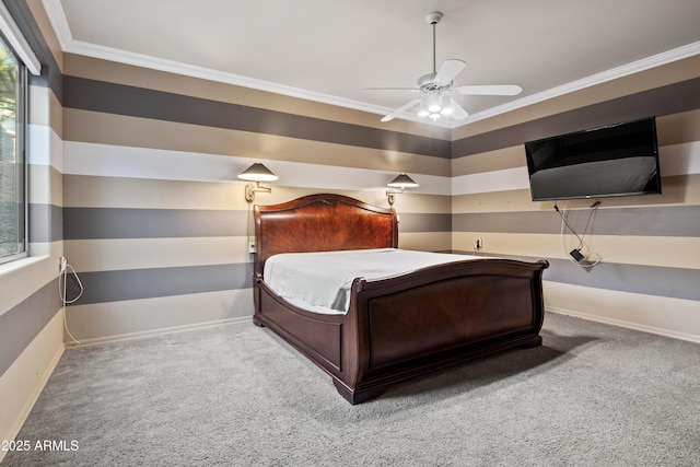 bedroom with carpet, ceiling fan, and crown molding