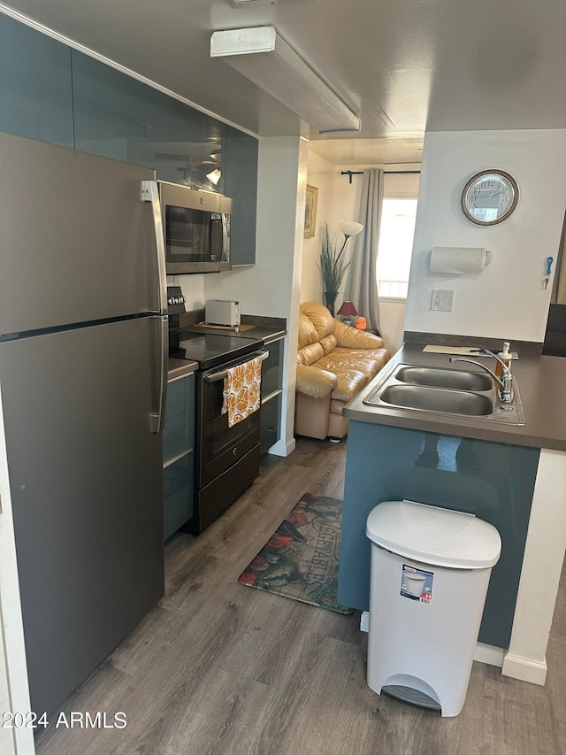 kitchen with stainless steel appliances, dark hardwood / wood-style flooring, and sink