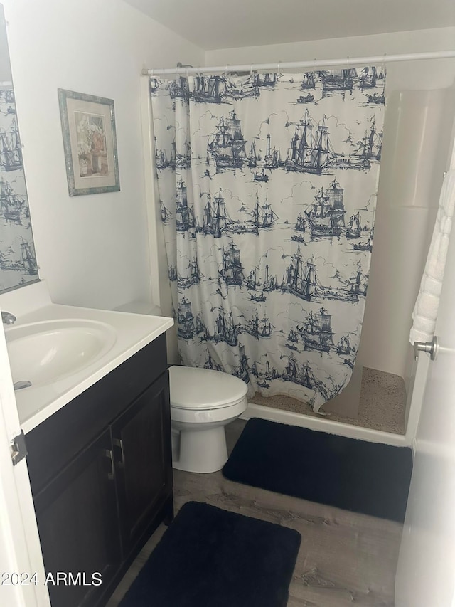 bathroom with vanity, wood-type flooring, and toilet