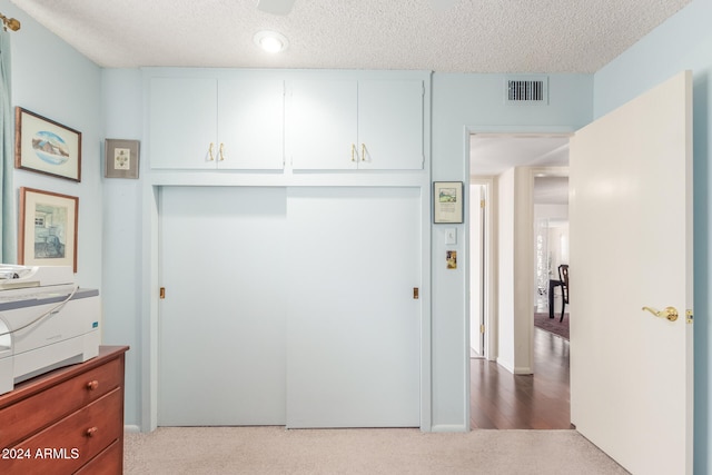 interior space featuring white cabinets, light colored carpet, and a textured ceiling