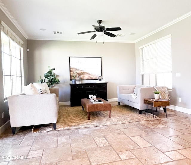 living room featuring crown molding and ceiling fan