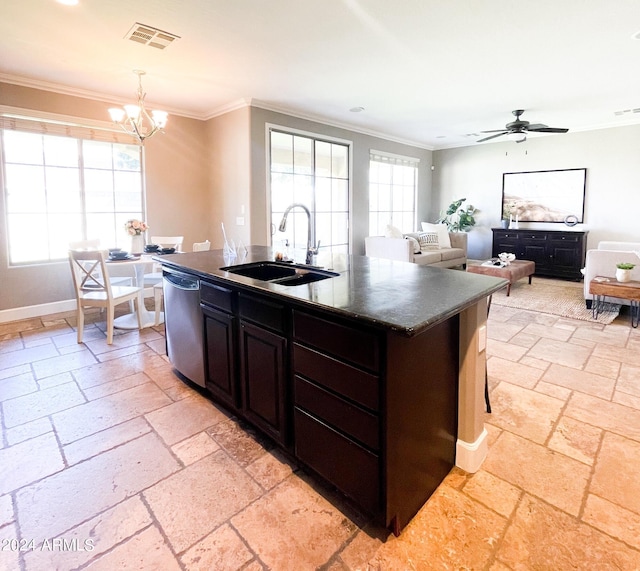 kitchen with crown molding, a kitchen island with sink, dishwasher, and sink