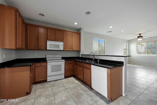 kitchen featuring light tile patterned floors, kitchen peninsula, ceiling fan, white appliances, and sink