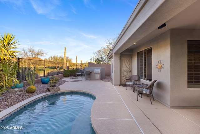 view of swimming pool featuring exterior kitchen and a patio area