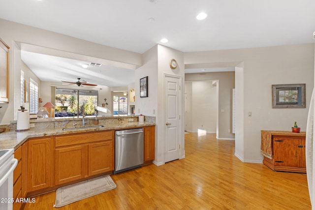 kitchen with white electric stove, light hardwood / wood-style floors, kitchen peninsula, ceiling fan, and stainless steel dishwasher