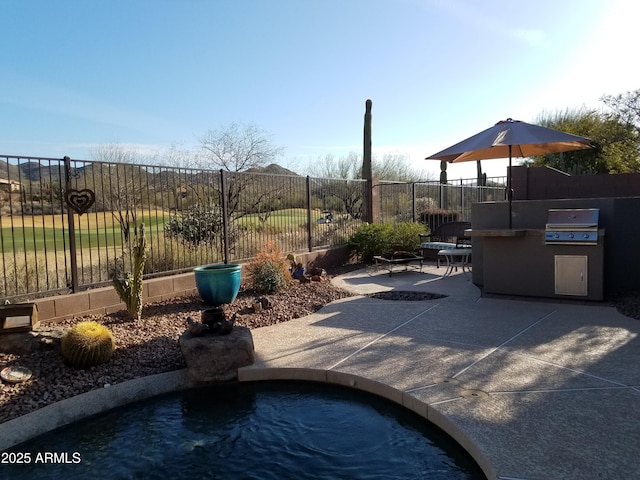 view of swimming pool featuring a patio area, area for grilling, and a grill