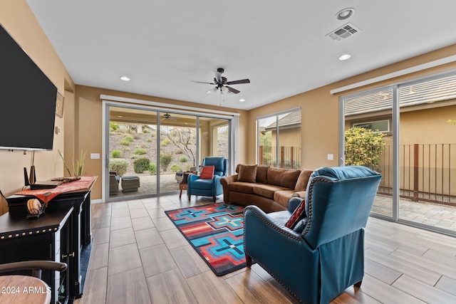 living room with ceiling fan