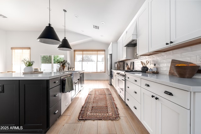 2982 S Holguin Way, Chandler, AZ 85286 - kitchen with appliances with stainless steel finishes, dark cabinetry, a spacious island, white cabinets, and lofted ceiling