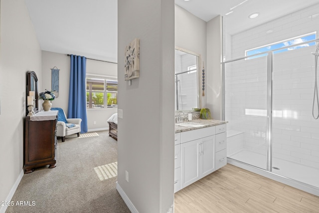 2343 E Kelly Dr, Gilbert, AZ 85298 - full bathroom featuring a shower stall, ensuite bath, baseboards, vanity, and recessed lighting