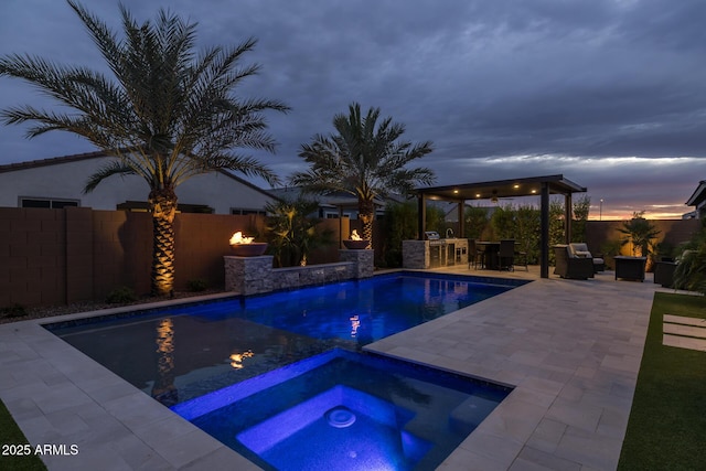 2343 E Kelly Dr, Gilbert, AZ 85298 - view of pool featuring an in-ground hot tub, a gazebo, a fenced backyard, a patio, and exterior kitchen