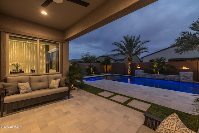 2343 E Kelly Dr, Gilbert, AZ 85298 - view of pool with a fenced backyard, a patio, ceiling fan, and an outdoor hangout area