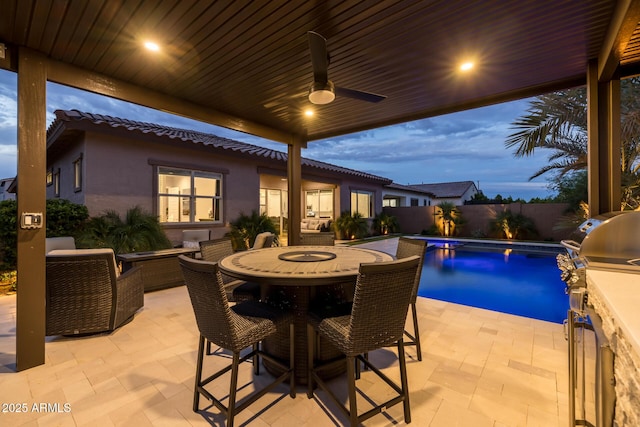 2343 E Kelly Dr, Gilbert, AZ 85298 - fenced backyard featuring a patio, a ceiling fan, and outdoor dining space