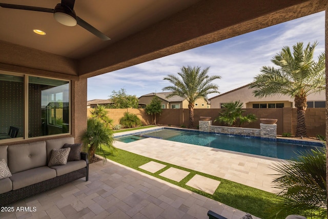 2343 E Kelly Dr, Gilbert, AZ 85298 - view of pool featuring a patio area, a fenced backyard, a ceiling fan, and outdoor lounge area