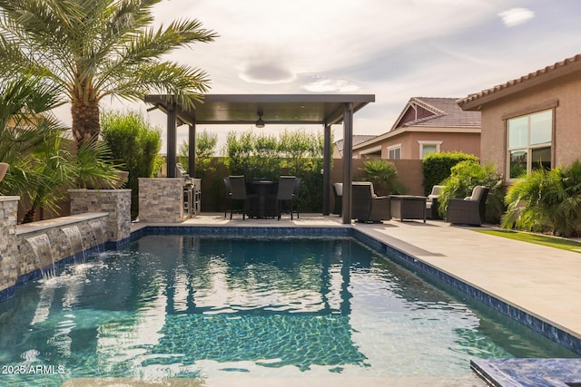 2343 E Kelly Dr, Gilbert, AZ 85298 - swimming pool featuring a patio, a ceiling fan, and a fenced backyard