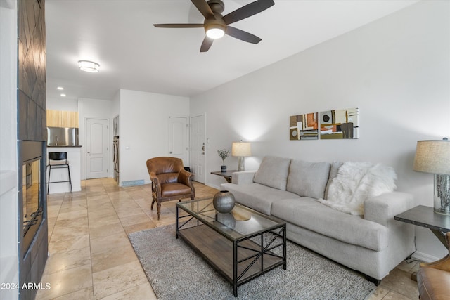 living room featuring ceiling fan