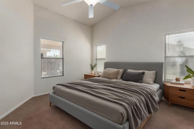 bedroom with high vaulted ceiling, baseboards, ceiling fan, and light colored carpet