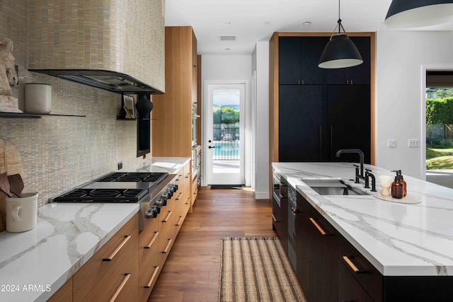 kitchen featuring exhaust hood, hardwood / wood-style floors, sink, decorative light fixtures, and light stone counters