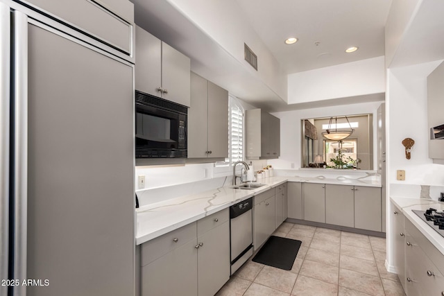 8324 E Cactus Wren Rd, Scottsdale, AZ 85250 - kitchen featuring black appliances, gray cabinets, light tile patterned flooring, light stone counters, and recessed lighting