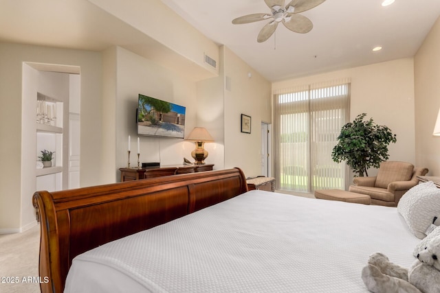 8324 E Cactus Wren Rd, Scottsdale, AZ 85250 - bedroom with access to outside, carpet, ceiling fan, recessed lighting, and vaulted ceiling