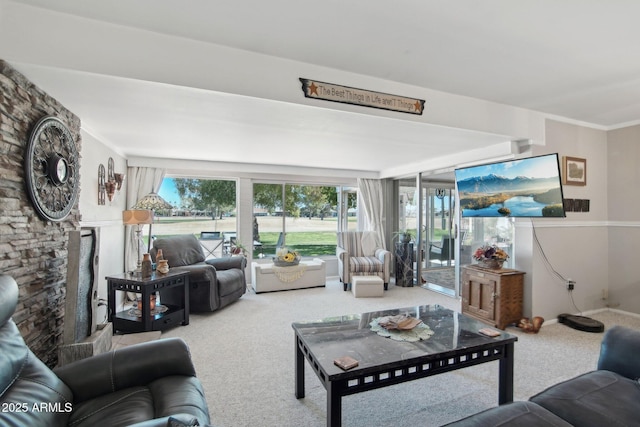 carpeted living area with ornamental molding and baseboards