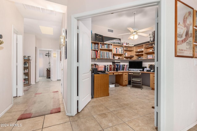 home office featuring ceiling fan and light tile patterned flooring