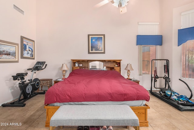 bedroom featuring ceiling fan and light tile patterned floors