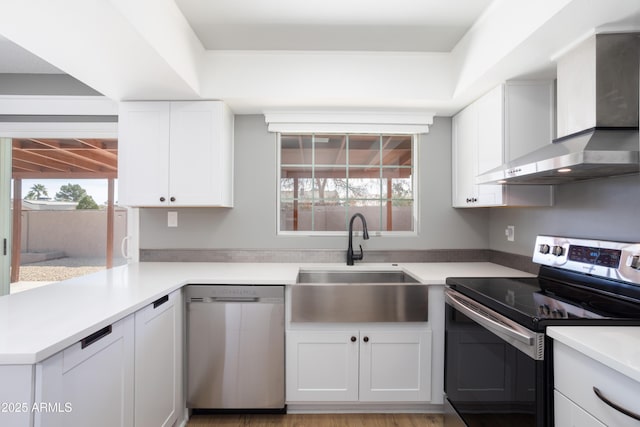 kitchen with appliances with stainless steel finishes, sink, white cabinets, a tray ceiling, and wall chimney range hood