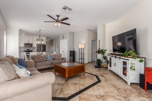 living room featuring ceiling fan