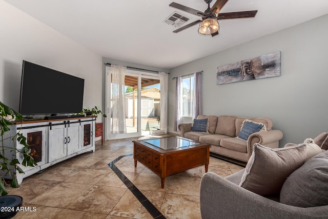 living room with ceiling fan