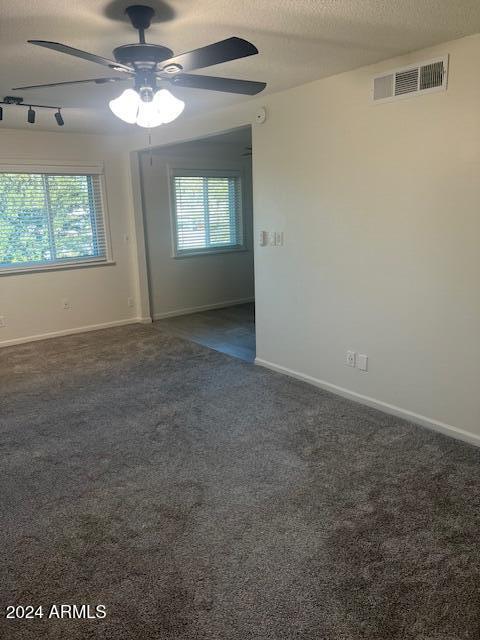 spare room with dark carpet, plenty of natural light, and a textured ceiling