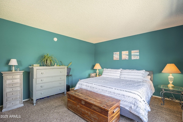 bedroom featuring carpet floors, a textured ceiling, and baseboards