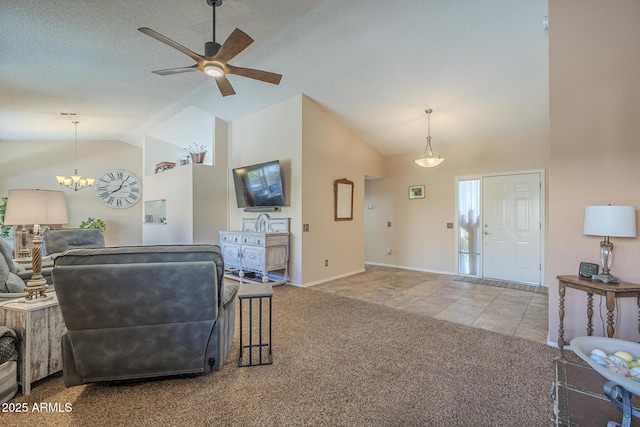 living room featuring baseboards, carpet flooring, high vaulted ceiling, and ceiling fan with notable chandelier