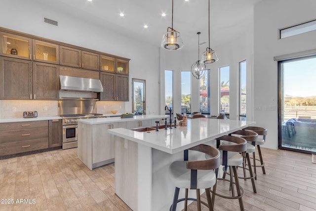 kitchen featuring extractor fan, pendant lighting, an island with sink, decorative backsplash, and high end stainless steel range oven